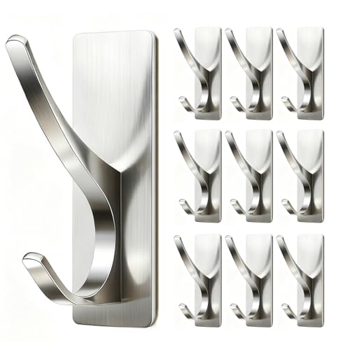 pickpiff Brushed Nickel Self Adhesive Coat Hooks for Hanging: 13LB Extra Strong Stainless Wall Hook for Towel, Utensil, Backpack, Hat, Sturdy Metal Hanger for Bathroom, Kitchen, Door, 10 Pack - color: Brushed Nickel, size: 10 Pack