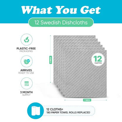 Organic Origin Swedish Dishcloths for Kitchen - Reusable Kitchen Cleaning Cloths, Absorbent Cellulose Sponge Cloths, Washable Dish Rags, Quick-Drying Dish Towels, Paper Towel Alternative (12 Pack)