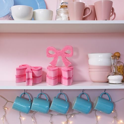 Tioncy 12 Pack Pink Bow Sponges Bulk Preppy Dual Sided Scrubber Pink Bow Sponges Reuseble Non Scratch Dishwashing Kitchen Cleaning Accessories for Cookware Pot Boiler Pan Household - style: Classic Bow