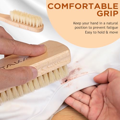 TAKAVU Boar Bristle Laundry Brush Set, Soft Bristle Stain Scrub Brush for Clothes & Fabric, Gentle Upholstery Brush for Delicate Knits Cotton Linen, Washable Laundry Stain Remover - color: White Boar