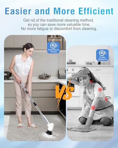 Electric Spin Scrubber Bathroom Scrubber - Cordless Shower Scrubber with Adjustable Handle, 2 Speeds, Bathroom Scrubber with 8 Replaceable Brush Heads, Power Scrubber for Bathroom Bathtub Cleaning