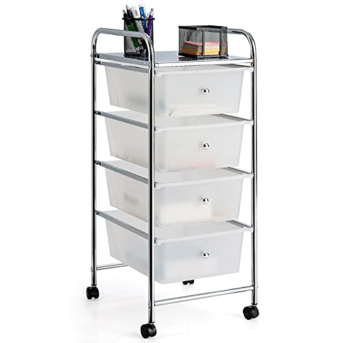 Giantex Rolling Cart with Drawers, Craft Organizer with Wheels, 4 Drawer Storage Container Bins for Home School Office Scrapbook Paper Tools, Clear White - color: Clear White, size: 4 Drawer-12.5"x14.5"x30"