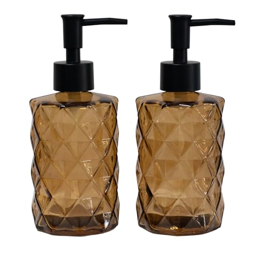 Brown Glass Soap Dispenser with Black Plastic Pump, 12oz Refillable Liquid Hand Soap Dispenser, 2 Pack Crystal Lotion Bottle for Modern Home Decor, Bathroom, Kitchen Countertop, Hotel - color: Brown
