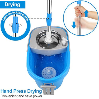 Spin Mop and Bucket with Wringer Set, 3 Washable Microfiber Pads Included for Floor Cleaning, Adjustable Stainless Steel Handle, Easy Moving with Wheels, Blue - color: Blue