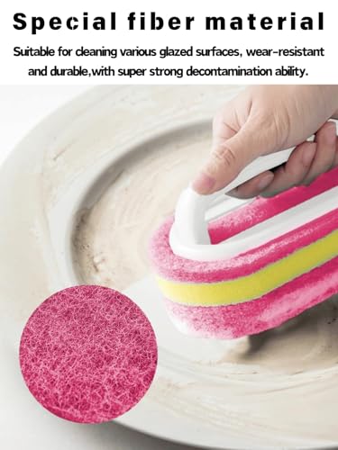 Ergonomic Long Handle Sponge Brush Set Durable Scouring 3 Pack Pad Shower Scrubber for Bathroom Bathtub Tile Grout Kitchen Sink Pot Cleaning Tool Non Scratch Heavy Duty Wand (Hot Pink) - color: Hot Pink
