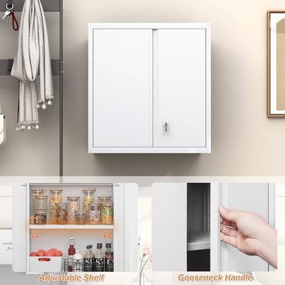 GREATMEET Locking Metal Wall Cabinet, Metal Storage Cabinet with 2 Shelves, Wall Mount Cabinet with Lock, Floating Garage Cabinets with Adjustable Shelf - color: White, size: 27.95"H