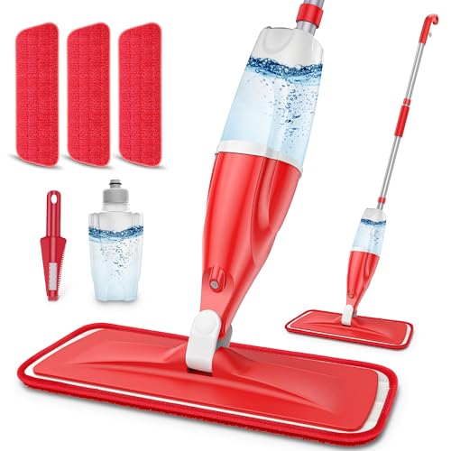 Spray Mops for Floor Cleaning: EXEGO Wet Mop with 3 Washable Microfiber Pads for Swiffer Powermop - Floor Flat Mop Dust Dry Nops for Hardwood Tile Wood Laminate Vinyl Marble - Home Commercial Mop - color: Red