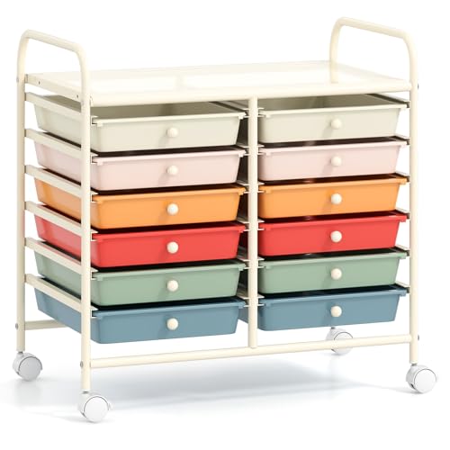 GOFLAME 12-Drawer Rolling Storage Cart, Multifunctional Art Craft Organizer Cart, Mobile Utility Storage Cart with Removable Drawers & Lockable Wheels, Craft Cart for Home Office School, Macaron Color - color: Macaron Color, size: 12-Drawer