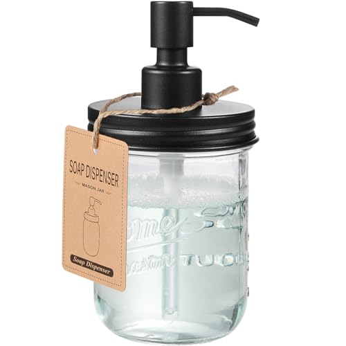 SheeChung Mason Jar Soap Dispenser, Dish Soap Dispenser Kitchen, Stainless Steel Pump Lid, Glass Hand Soap Dispensers for Bathroom Countertop, Liquid, Lotion, Refillable, Farmhouse Decor (1, Black) - color: Black-1 Pack, Wide Mouth