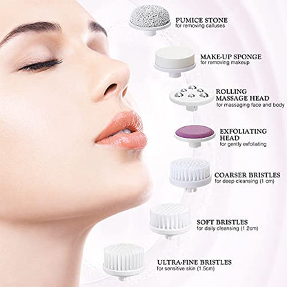 COSLUS Facial Cleansing Brush Silicone Face Scrubber: 7 in 1 FBS-D Electric Exfoliating Rotating Massage Device Waterproof Deep Cleaning Exfoliation Spa Machine - Electronic Skin Care Wash System - color: Pink, size: With 7 brush heads