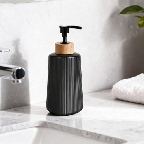 Glass Soap Dispenser, Thickened Glass Hand Soap Dispenser for Bathroom, Kitchen Dish Washing Liquid Bottles, Shampoo and Conditioner Bottles, Modern Farmhouse Style, (Black, Set of 1, 12oz)