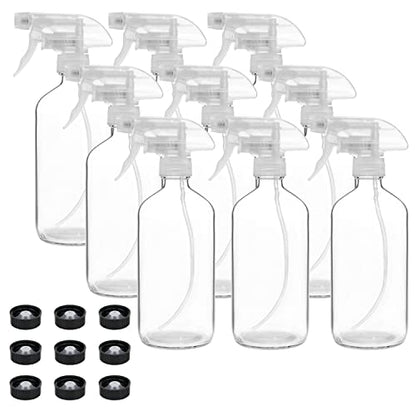 9 Pack Glass Spray Bottles, 16oz Empty Clear Boston Round Bottles Refillable Container with Trigger Sprayer for Cleaning Solutions, Essential Oils, Misting Plants