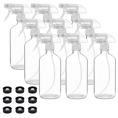 9 Pack Glass Spray Bottles, 16oz Empty Clear Boston Round Bottles Refillable Container with Trigger Sprayer for Cleaning Solutions, Essential Oils, Misting Plants