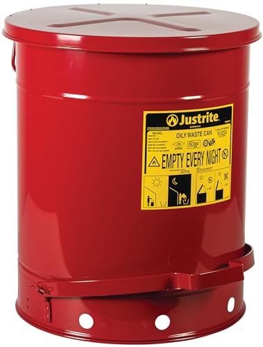 Justrite 14 Gallon Galvanized Steel Oily Waste Can, 20" x 16" Metal Oil Rag Safety Can with Quiet Foot Operated Self-Closing Lid for Oil Rag Disposal, Made in The USA, Red, 09508 - color: Red, size: 14 Gallon, style: Foot-Operated Quiet Lid