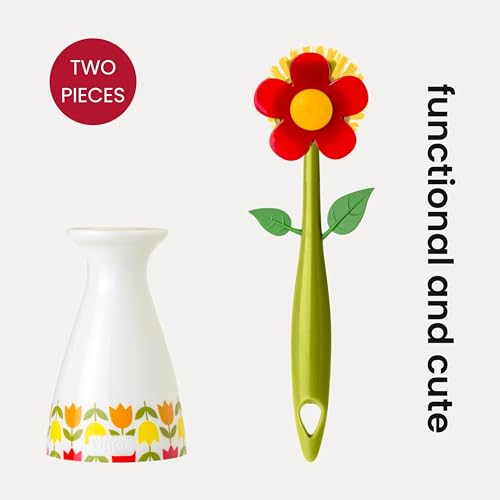 Vigar Flower Power Dish Brush - Flower-Shaped, Dish Brush with Handle, Dish Scrubber with Stand, Scrub Brush for Dishes, Dishwashing Brush, Kitchen Scrub Brush, Kitchen Essentials - White, Red - color: Red