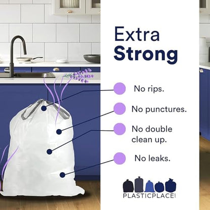 Plasticplace White Drawstring Lavender and Soft Vanilla Scented Garbage Can Liners, Compatible with Code H (200 Count), 8-9 Gallon / 30-35 Liter, 18.5" x 28 - color: White, size: 200 Count/Scented