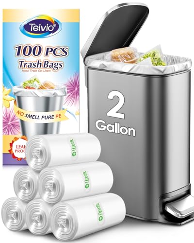 2 Gallon 100 Counts Strong Trash Bags Garbage Bags by Teivio,Small Waste Basket Liners,Bathroom Trash Can Bin Liners, Plastic Bags for home office kitchen Car, Clear