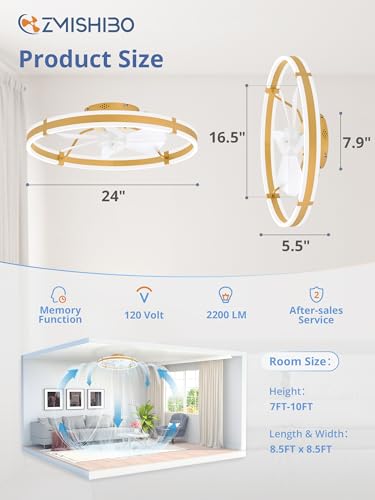 ZMISHIBO 24 Inch Ceiling Fans with Lights and Remote, Modern Low Profile Ceiling Fan, 3000-6000K Dimmable Flush Mount LED Fan Light, 6 Wind Speeds, Fandelier Ceiling Fans for Bedroom- Gold - color: Gold, size: 24 INCH