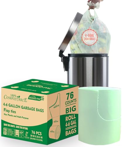 BEIDOU-PAC 4-6 Gallon Flap Tie Compostable Trash Bags, 76 Count, Kitchen Compost Bags, Sturdy Garbage Bags for Food Scrap Waste, ASTM D6400, US BPI Certified - style: Flat ties | 4-6 Gallon | 76 Count
