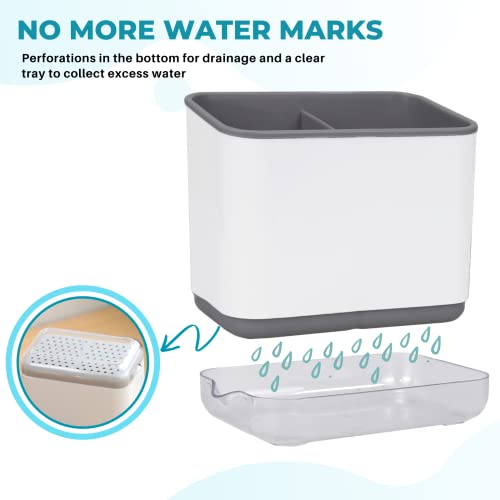 KeFanta Sink Counter Caddy, Plastic Dish Sponge Holder, Kitchen Brush and Scrubber Organizer with Drain Tray, White - color: Grey and White