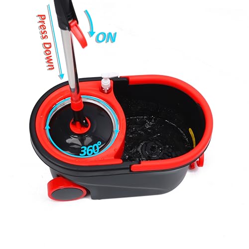 Mop and Bucket Set, Spin Mop and Bucket with Wringer, Mops for Floor Cleaning System, Stainless Steel 360 Floor Mop Bucket on Wheels, 3 Microfiber Mop Replacement Heads - color: Black-2