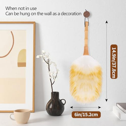 Lambswool Duster for Cleaning with Solid Wooden Handle Leather Hang Strap 14.9 inch Natural Feather Duster for Cleaning Ceiling Fans Window Blinds Computer Furniture(2 Pack) - size: 14.9Inch