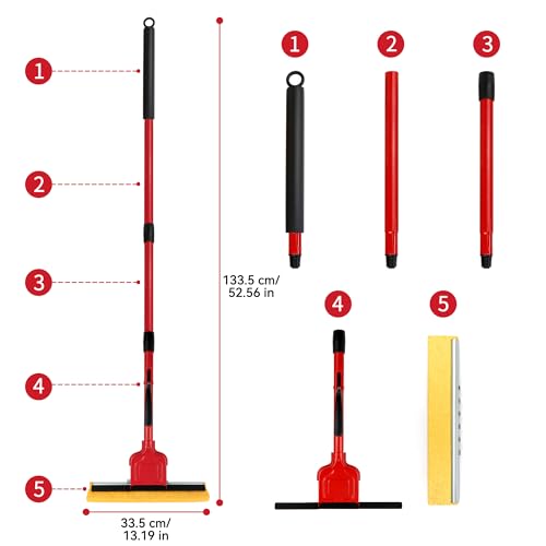 Cellulose Sponge Pop Up Sponge Mop with 2 Swop Roller Sponge mop Suitable for Wood, Ceramic Tiles and Other Flat Floors (1 Handle and 2 Heads with Bucket) (White red) - color: White Red
