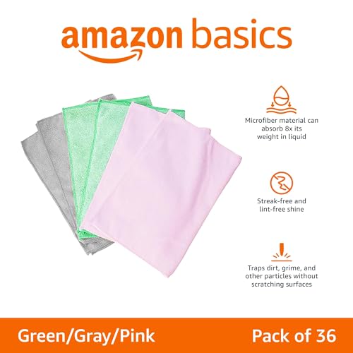 Amazon Basics Microfiber Cleaning Cloths, Ultra Absorbent, Scratch Free, Non-Abrasive, Reusable and Washable, All-Purpose, Car Detailing, 16" x 12", Green/Gray/Pink, 36-Pack - color: Green/Gray/Pink, size: 36-Pack