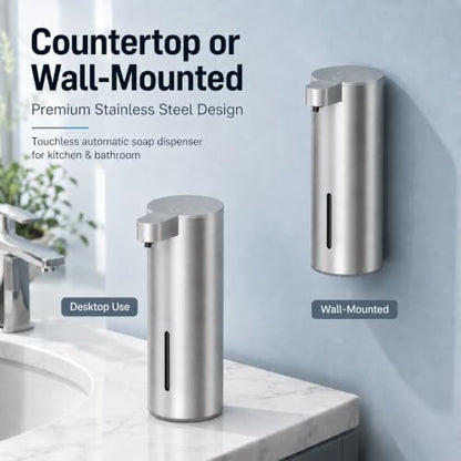 XINKORA Stainless Steel Automatic Soap Dispenser for Dish & Hand Soap, Touchless Sensor Pump, 4 Adjustable Levels, USB-C Rechargeable, 350mL, Wall Mount or Countertop for Kitchen & Bathroom