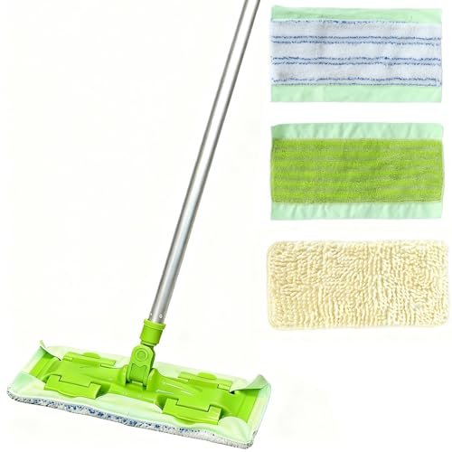 EaseYourDay Wet and Dry Mop, Super Firm Clip on Pads, 3 Washable Mop Pads, Lightweighted&Sturdy Aluminum Pole