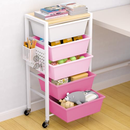 Rolling Cart with Drawers, Rolling Storage Cart with Large Plastic Drawers & Wooden Tabletop, Utility Cart with Pegboards & Basket, Storage Drawers Cart for Living Room, Classroom, Bedroom, Office - color: Pink, size: 5 Drawers