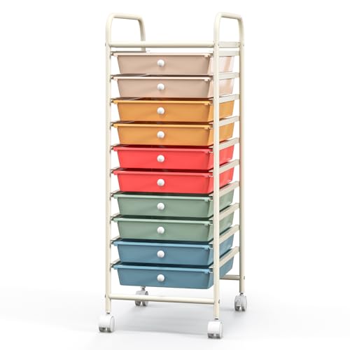 Giantex 10-Drawer Rolling Storage Cart w/Wheels, Handle, Removable Drawers, Mobile Organizer Storage Unit, Trolley Utility Cart for Home Kitchen Makeup Living Room Office Play Room - color: Macaron Multicolor, size: 10 Drawer-13"x15"x34"