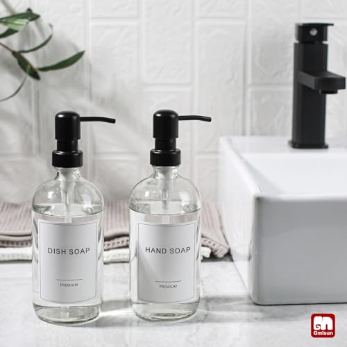 GMISUN Glass Soap Dispenser with Pump, 2 Pack Clear Bathroom Hand Soap Dispenser with Stainless Steel Pump, 16 Oz Refillable Kitchen Hand and Dish Soap Dispensers Set, Modern Liquid Pump Bottles - color: Clear Bottle + Black Pump, size: 2 Pack