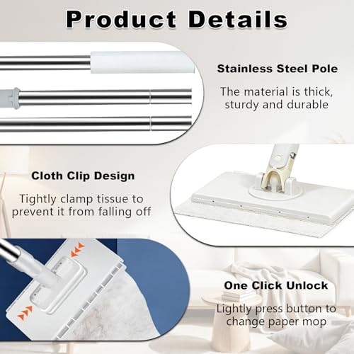 2 PCS Snap Grip Mini Mop Set with 36in Handle & 10 PCS Reusable Cloths, Convenient Cloth Changing Mini Mop Automatic Gripping or Releasing, 360° Rotating Head for Wet & Dry Cleaning, Corners