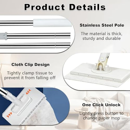 2 PCS Snap Grip Mini Mop Set with 36in Handle & 10 PCS Reusable Cloths, Convenient Cloth Changing Mini Mop Automatic Gripping or Releasing, 360° Rotating Head for Wet & Dry Cleaning, Corners