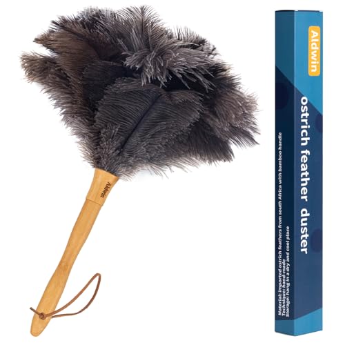 Genuine Ostrich Feather Duster, 16 inch Gray Ostrich Feather Duster with Wood Handle, Reusable Car Dusters, Eco-Friendly Handheld Cleaning Dusters for Home, Office and Kitchen - color: Gray Brown Classic