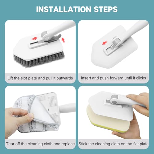 nacena Shower Scrubber with Long Handle, 4 in 1 Tile Tub Scrubber Brush with 3 Detachable Cleaning Heads and V-Shaped Grout Brush Shower Cleaner Brush for Bathroom Kitchen Toilet Tub Sink, Grey White - color: Grey White, size: 2 pads+brush