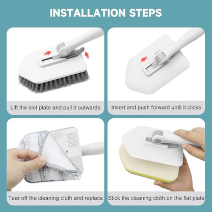 nacena Shower Scrubber with Long Handle, 4 in 1 Tile Tub Scrubber Brush with 3 Detachable Cleaning Heads and V-Shaped Grout Brush Shower Cleaner Brush for Bathroom Kitchen Toilet Tub Sink, Grey White - color: Grey White, size: 2 pads+brush