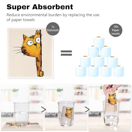5 Pcs Cartoon Cute Peeking Kitten Swedish Dishcloths, Kitty Swedish Dishcloth, Funny Cat Dish Cloths for Drying Dishes, Reusable Cleaning Cloths, Cat Lover Gifts for Women 8 - color: Lm 03439