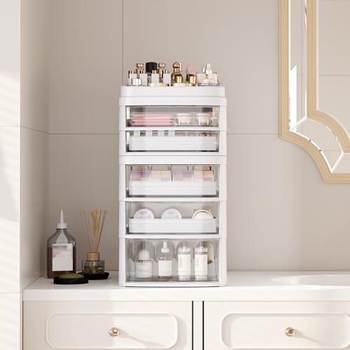 Rolling Cart with 5 Drawers, Clear Plastic Drawer Organizers, Dust Proof Under Desk Storage for Makeup, Skincare, Art Crafts and Baby Items, Acrylic Cosmetic Organizer with Dividers, Vanity Cart - size: 5 Tier