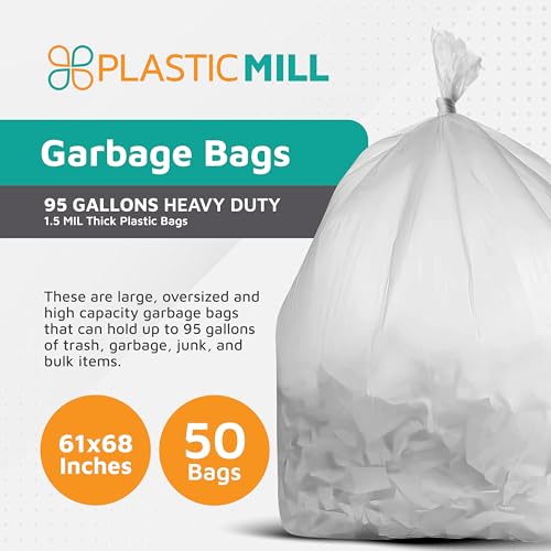 PlasticMill Heavy Duty Trash Bags - Clear Garbage Bags - Plastic Trash Bags for Large Rolling Trash Bins - Tall Trash Bags - 95-Gallon Large Kitchen Trash Bags, 1.5 Mil, 61"x68" (50-Count) - size: 1.5 Mil