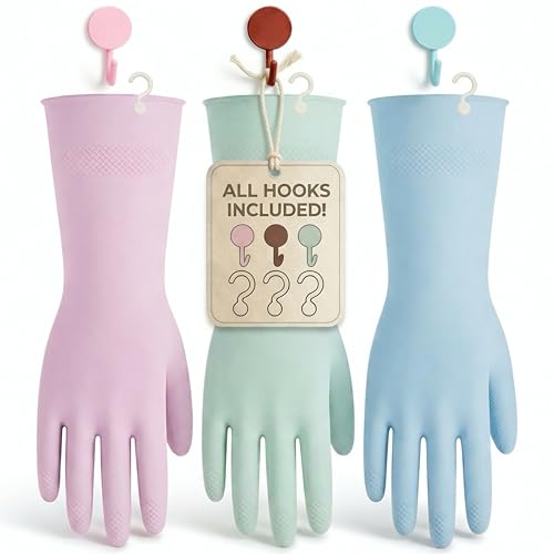 IMARU 3 Pairs Dishwashing Gloves with Hanging Hooks - Reusable Rubber Cleaning Gloves for Household & Kitchen & Gardening, Non-Slip & Waterproof & Durable (Medium) - size: Medium