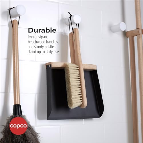 Copco Hand Brush and Dustpan Set - Wooden Beechwood Handle Broom and Dust Pan with Soft Bristles, Leather Loop Hanging Storage, Iron Dustpan, Kitchen and Home Cleaning Essentials