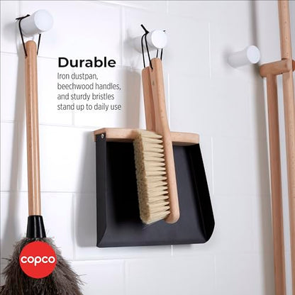 Copco Hand Brush and Dustpan Set - Wooden Beechwood Handle Broom and Dust Pan with Soft Bristles, Leather Loop Hanging Storage, Iron Dustpan, Kitchen and Home Cleaning Essentials