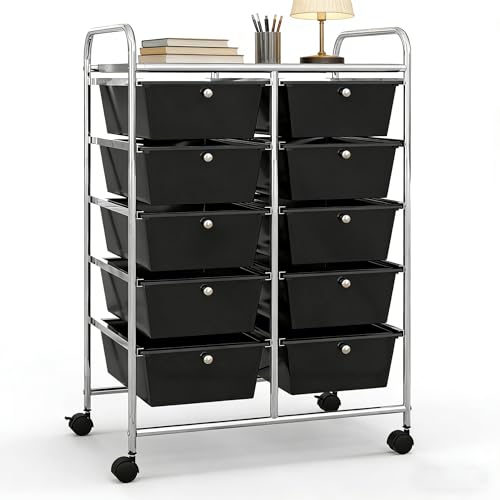COSTWAY 10 Drawer Rolling Storage Cart, Mobile Utility Cart with Metal Frame & Lockable Wheels, Art Supply Craft Organizer, Multipurpose Drawer Cart for Paper for Office, School, Black - color: Black, size: 10 Drawer