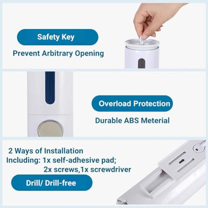 Soap Dispenser Wall Mount 17oz Drill Free ABS Hand Soap Shower Dispenser with Adhesive and Screws No Leakage Shampoo and Conditioner Dispenser Large Capacity for Bathroom Kitchen-White,1PACK