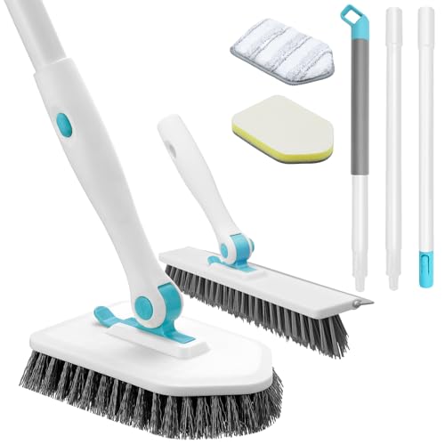 nacena Shower Scrubber with Long Handle, 4 in 1 Tile Tub Scrubber Brush with 3 Detachable Cleaning Heads and V-Shaped Grout Brush Shower Cleaner Brush for Bathroom Kitchen Toilet Tub Sink, Blue White - color: Blue White, size: 2 pads+brush