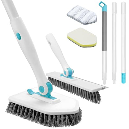 nacena Shower Scrubber with Long Handle, 4 in 1 Tile Tub Scrubber Brush with 3 Detachable Cleaning Heads and V-Shaped Grout Brush Shower Cleaner Brush for Bathroom Kitchen Toilet Tub Sink, Blue White - color: Blue White, size: 2 pads+brush