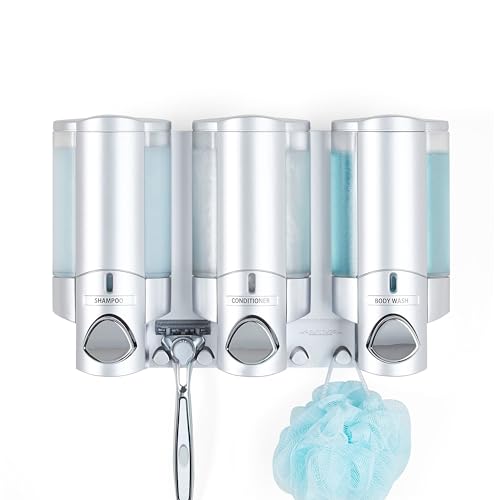 Better Living Aviva Shower Dispenser 3 Chamber,Wall Mount Shower Soap Dispenser for Bathroom Hotel Body Wash,Built-in Hooks,No Drill,Waterproof Shampoo Soap-Dispenser,3 x11 oz,Satin Silver,(Pack of 6) - color: Satin Silver, size: 3-Chamber (Pack of 6)