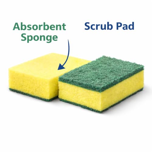 Heavy Duty Kitchen Sponges, Individually Wrapped, Green & Yellow Scrub Sponges – 40 Count, Medium Duty Cleaning Sponges for Dishes, Cookware & Surfaces
